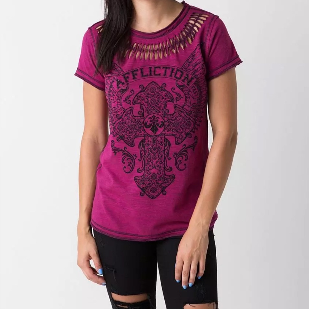 Affliction Congregation Live Fast Tee in Pink Size Medium